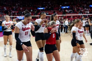 Nebraska Cornhuskers head back to the locker room after the loss to the Texas A&M Aggies after five sets during the NCAA Volleyball Regional on Sunday, Dec. 14, 2025, in Lincoln, Nebraska. Photo by John S. Peterson.