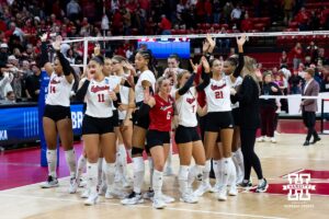 Nebraska Cornhuskers wave to the fans after the loss to the Texas A&M Aggies after five sets during the NCAA Volleyball Regional on Sunday, Dec. 14, 2025, in Lincoln, Nebraska. Photo by John S. Peterson.