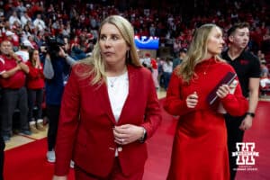 Nebraska Cornhusker head coach Dani Busboom Kelly walks back to the locker room after the loss against the Texas A&M Aggies in the fifth set during the NCAA Volleyball Regional on Sunday, Dec. 14, 2025, in Lincoln, Nebraska. Photo by John S. Peterson.