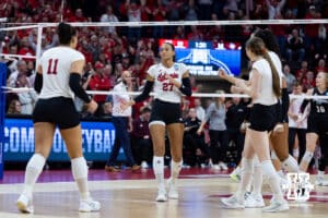 Nebraska Cornhuskers react to losing match point against the Texas A&M Aggies in the fifth set during the NCAA Volleyball Regional on Sunday, Dec. 14, 2025, in Lincoln, Nebraska. Photo by John S. Peterson.