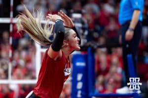 Nebraska Cornhusker libero Laney Choboy (6) fires up the Husker fans more against the Texas A&M Aggies in the fifth set during the NCAA Volleyball Regional on Sunday, Dec. 14, 2025, in Lincoln, Nebraska. Photo by John S. Peterson.