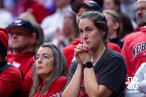 Nebraska Cornhuskers fans react to the Huskers being behind in the fifth set against the Texas A&M Aggies during the NCAA Volleyball Regional on Sunday, Dec. 14, 2025, in Lincoln, Nebraska. Photo by John S. Peterson.