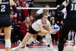 Nebraska Cornhusker opposite Virginia Adriano (9) tries to make a save against the Texas A&M Aggies in the fifth set during the NCAA Volleyball Regional on Sunday, Dec. 14, 2025, in Lincoln, Nebraska. Photo by John S. Peterson.