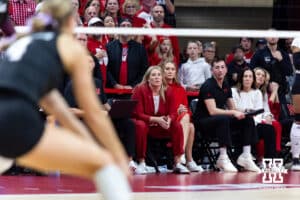 Nebraska Cornhusker head coach Dani Busboom Kelly and coaching staff watching the action on the court against the Texas A&M Aggies during the NCAA Volleyball Regional on Sunday, Dec. 14, 2025, in Lincoln, Nebraska. Photo by John S. Peterson.