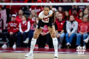 Nebraska Cornhusker outside hitter Harper Murray (27) is ready for a serve against the Texas A&M Aggies in the fourth set during the NCAA Volleyball Regional on Sunday, Dec. 14, 2025, in Lincoln, Nebraska. Photo by John S. Peterson.