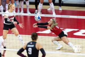 Nebraska Cornhusker libero/defensive specialist Laney Choboy (6) makes a pass against the Texas A&M Aggies in the fourth set during the NCAA Volleyball Regional on Sunday, Dec. 14, 2025, in Lincoln, Nebraska. Photo by John S. Peterson.