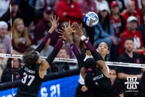 Nebraska Cornhusker outside hitter Taylor Landfair (12) spikes the ball against the Texas A&M Aggies in the fourth set during the NCAA Volleyball Regional on Sunday, Dec. 14, 2025, in Lincoln, Nebraska. Photo by John S. Peterson.