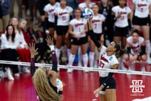 Nebraska Cornhusker outside hitter Harper Murray (27) spikes the ball against the Texas A&M Aggies in the fourth set during the NCAA Volleyball Regional on Sunday, Dec. 14, 2025, in Lincoln, Nebraska. Photo by John S. Peterson.