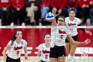 Nebraska Cornhusker middle blocker Rebekah Allick (5) spikes the ball against the Texas A&M Aggies in the third set during the NCAA Volleyball Regional on Sunday, Dec. 14, 2025, in Lincoln, Nebraska. Photo by John S. Peterson.