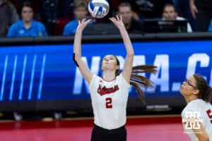 Nebraska Cornhusker setter Bergen Reilly (2) sets the ball for middle blocker Rebekah Allick (5) in the second set against the Texas A&M Aggies during the NCAA Volleyball Regional on Sunday, Dec. 14, 2025, in Lincoln, Nebraska. Photo by John S. Peterson.