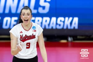 Nebraska Cornhusker opposite Virginia Adriano (9) celebrates a point against the Texas A&M Aggies in the second set during the NCAA Volleyball Regional on Sunday, Dec. 14, 2025, in Lincoln, Nebraska. Photo by John S. Peterson.
