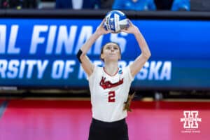 Nebraska Cornhusker setter Bergen Reilly (2) sets the ball against the Texas A&M Aggies in the second set during the NCAA Volleyball Regional on Sunday, Dec. 14, 2025, in Lincoln, Nebraska. Photo by John S. Peterson.
