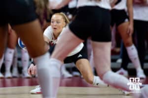 Nebraska Cornhusker defensive specialist Olivia Mauch (10) passes the ball against the Texas A&M Aggies in the second set during the NCAA Volleyball Regional on Sunday, Dec. 14, 2025, in Lincoln, Nebraska. Photo by John S. Peterson.