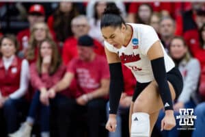Nebraska Cornhusker outside hitter Teraya Sigler (11) celebrates a score against the Texas A&M Aggies in the second set during the NCAA Volleyball Regional on Sunday, Dec. 14, 2025, in Lincoln, Nebraska. Photo by John S. Peterson.