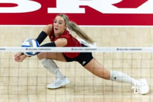 Nebraska Cornhusker libero/defensive specialist Laney Choboy (6) passes the ball against the Texas A&M Aggies during the NCAA Volleyball Regional on Sunday, Dec. 14, 2025, in Lincoln, Nebraska. Photo by John S. Peterson.