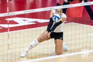 Nebraska Cornhusker outside hitter Teraya Sigler (11) passes the ball against the Texas A&M Aggies in the first set during the NCAA Volleyball Regional on Sunday, Dec. 14, 2025, in Lincoln, Nebraska. Photo by John S. Peterson.