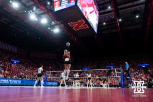 Nebraska Cornhusker libero/defensive specialist Laney Choboy (6) serves the ball against the Texas A&M Aggies in the first set during the NCAA Volleyball Regional on Sunday, Dec. 14, 2025, in Lincoln, Nebraska. Photo by John S. Peterson.