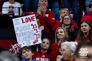 Nebraska Cornhuskers fan holds up a sign for her favorite players against the Texas A&M Aggies during the NCAA Volleyball Regional on Sunday, Dec. 14, 2025, in Lincoln, Nebraska. Photo by John S. Peterson.