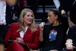 Nebraska Cornhusker head coach Dani Busboom Kelly and outside hitter Harper Murray (27) talk during the NCAA Volleyball Regional against the Texas A&M Aggies on Sunday, Dec. 14, 2025, in Lincoln, Nebraska. Photo by John S. Peterson.