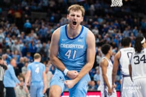 Creighton Bluejay Isaac Traudt (41) celebrates a made basket during a basketball game against Kansas State on Saturday, Dec 13, 2025, in Omaha, Nebraska. Photo by Brandon Tiedemann.
