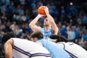 Creighton Bluejay Isaac Traudt (41) shoots a free throw during a basketball game against Kansas State on Saturday, Dec 13, 2025, in Omaha, Nebraska. Photo by Brandon Tiedemann.