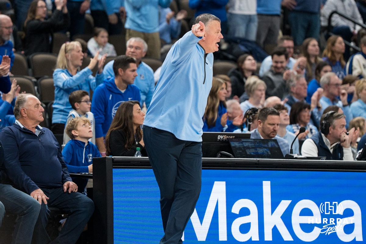 Creighton Bluejay head coach Greg McDermott yells to get back during a basketball game against Kansas State on Saturday, Dec 13, 2025, in Omaha, Nebraska. Photo by Brandon Tiedemann.
