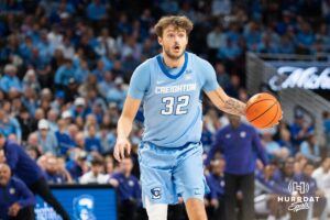 Creighton Bluejay Owen Freeman (32) looks to pass during a basketball game against Kansas State on Saturday, Dec 13, 2025, in Omaha, Nebraska. Photo by Brandon Tiedemann.