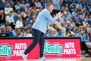 Creighton Bluejay head coach Greg McDermott claps during a basketball game against Kansas State on Saturday, Dec 13, 2025, in Omaha, Nebraska. Photo by Brandon Tiedemann.