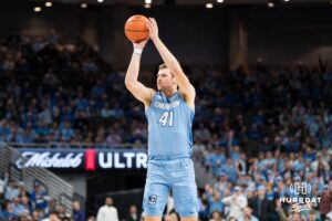 Creighton Bluejay Isaac Traudt (41) shoots a three pointer during a basketball game against Kansas State on Saturday, Dec 13, 2025, in Omaha, Nebraska. Photo by Brandon Tiedemann.