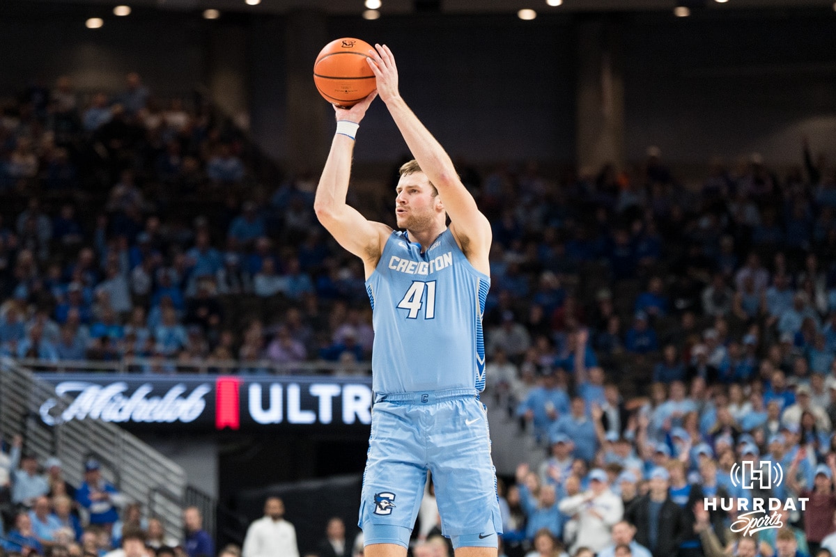 Creighton Bluejay Isaac Traudt (41) shoots a three pointer during a basketball game against Kansas State on Saturday, Dec 13, 2025, in Omaha, Nebraska. Photo by Brandon Tiedemann.