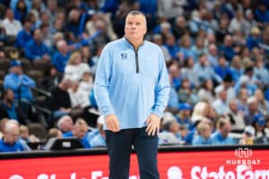Creighton Bluejay head coach Greg McDermott looks into the crowd during a basketball game against Kansas State on Saturday, Dec 13, 2025, in Omaha, Nebraska. Photo by Brandon Tiedemann.