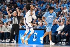Kansas States Abdi Bashir Jr (1) celebrates a made three during a basketball game against Creighton on Saturday, Dec 13, 2025, in Omaha, Nebraska. Photo by Brandon Tiedemann.