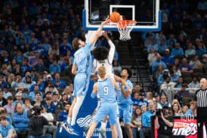 Creighton Bluejay Owen Freeman (32) blocks a shot during a basketball game against Kansas State on Saturday, Dec 13, 2025, in Omaha, Nebraska. Photo by Brandon Tiedemann.