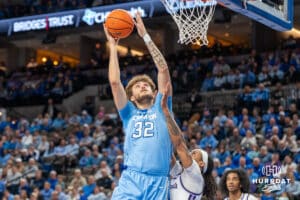 Creighton Bluejay Owen Freeman (32) attempts a lay up during a basketball game against Kansas State on Saturday, Dec 13, 2025, in Omaha, Nebraska. Photo by Brandon Tiedemann.