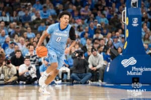 Creighton Bluejay Jasen Green (0) takes the ball up court during a basketball game against Kansas State on Saturday, Dec 13, 2025, in Omaha, Nebraska. Photo by Brandon Tiedemann.