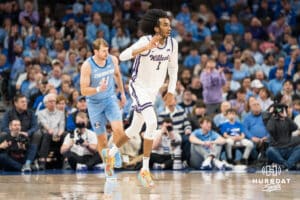 Kansas States Abdi Bashir Jr (1) celebrates a three during a basketball game against Creighton on Saturday, Dec 13, 2025, in Omaha, Nebraska. Photo by Brandon Tiedemann.