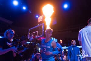 Creighton Bluejay Ty Davis (9) gets introduced during a basketball game against Kansas State on Saturday, Dec 13, 2025, in Omaha, Nebraska. Photo by Brandon Tiedemann.