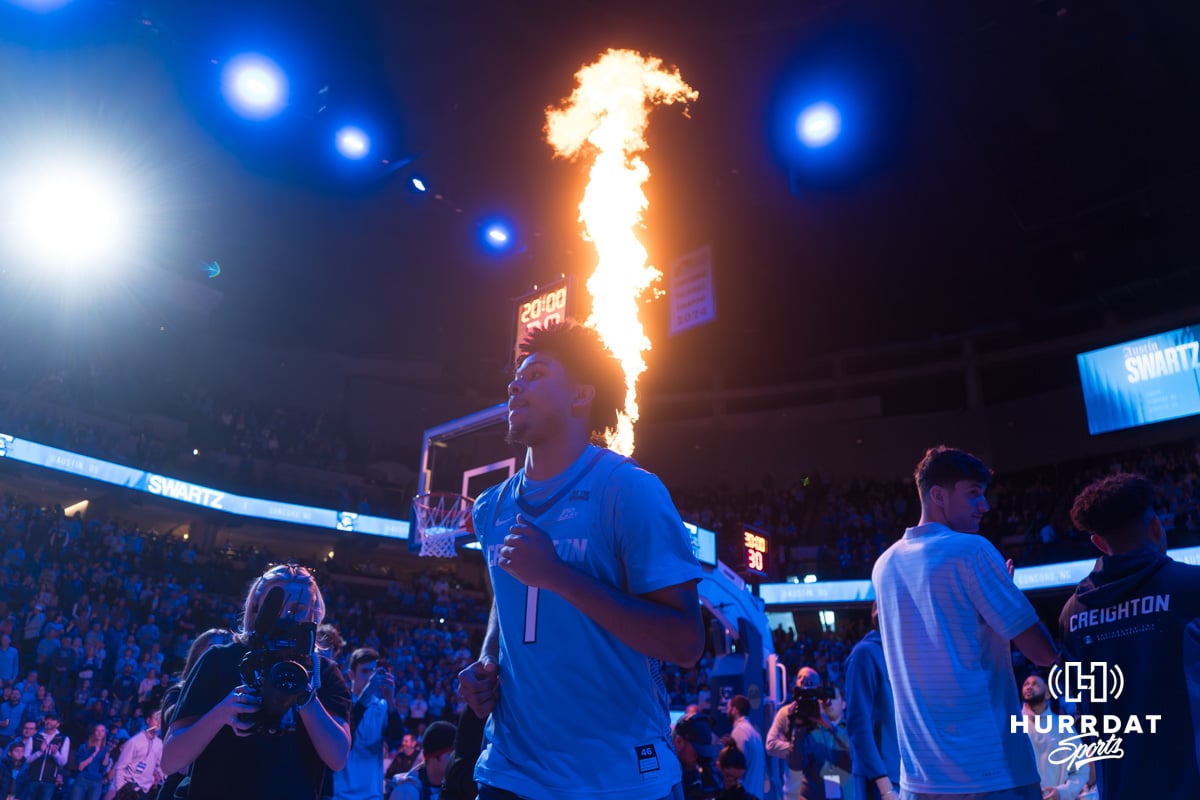 Creighton Bluejays vs Kansas State | Dec 13, 2025 Creighton Bluejay Austin Swartz (1) gets introduced during a basketball game against Kansas State on Saturday, Dec 13, 2025, in Omaha, Nebraska. Photo by Brandon Tiedemann.
