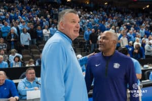 Creighton Bluejay head coach Greg McDermott and Kansas State head coach Jerome Tang meet before a basketball game against Kansas State on Saturday, Dec 13, 2025, in Omaha, Nebraska. Photo by Brandon Tiedemann.