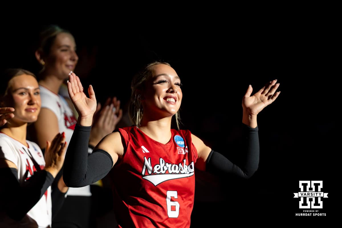 Nebraska Cornhusker libero Laney Choboy (6) is introduced during the NCAA volleyball championship sweet sixteen match against the Kansas Jayhawks on Friday, Dec. 12, 2025, in Lincoln, Nebraska. Photo by John S. Peterson.
