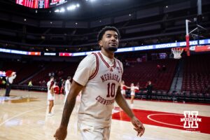 Nebraska Cornhusker guard Jamarques Lawrence (10) heads to the locker room after the TV interview after the win over the Wisconsin Badgers during a college men’s basketball game on Wednesday, Dec. 10, 2025, in Lincoln, Nebraska. Photo by John S. Peterson.
