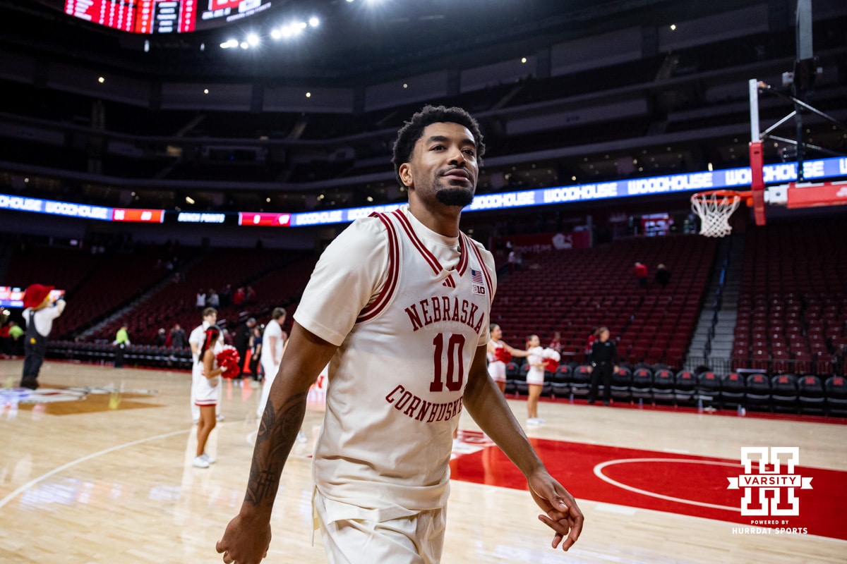 Nebraska Cornhusker guard Jamarques Lawrence (10) heads to the locker room after the TV interview after the win over the Wisconsin Badgers during a college men’s basketball game on Wednesday, Dec. 10, 2025, in Lincoln, Nebraska. Photo by John S. Peterson.