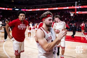 Nebraska Cornhusker guard Sam Hoiberg (1) heads to the locker room after the win over the Wisconsin Badgers during a college men’s basketball game on Wednesday, Dec. 10, 2025, in Lincoln, Nebraska. Photo by John S. Peterson.