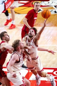 Nebraska Cornhusker guard Sam Hoiberg (1) make a lay up against the Wisconsin Badgers in the second half during a college men’s basketball game on Wednesday, Dec. 10, 2025, in Lincoln, Nebraska. Photo by John S. Peterson.