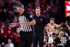 Nebraska Cornhusker head coach Fred Hoiberg talks to the referee during a college men’s basketball game against the Wisconsin Badgers in the first half on Wednesday, Dec. 10, 2025, in Lincoln, Nebraska. Photo by John S. Peterson.