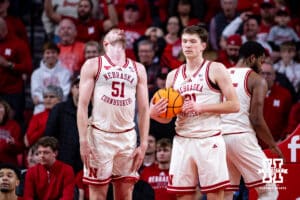 Nebraska Cornhusker forward Rienk Mast (51) reacts to having a foul called on him against the Wisconsin Badgers in the first half during a college men’s basketball game on Wednesday, Dec. 10, 2025, in Lincoln, Nebraska. Photo by John S. Peterson.