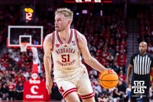 Nebraska Cornhusker forward Rienk Mast (51) dribbles the ball against the Wisconsin Badgers during a college men’s basketball game on Wednesday, Dec. 10, 2025, in Lincoln, Nebraska. Photo by John S. Peterson.
