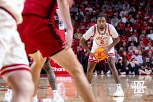 Nebraska Cornhusker guard Kendall Blue (2) looking for the pass against the Wisconsin Badgers in the first half during a college men’s basketball game on Wednesday, Dec. 10, 2025, in Lincoln, Nebraska. Photo by John S. Peterson.