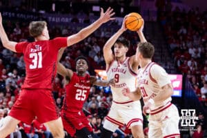 Nebraska Cornhusker forward Berke Buyuktuncel (9) ready to pass the ball against the Wisconsin Badgers in the first half during a college men’s basketball game on Wednesday, Dec. 10, 2025, in Lincoln, Nebraska. Photo by John S. Peterson.