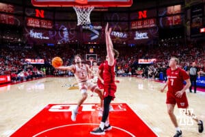 Nebraska Cornhusker guard Sam Hoiberg (1) makes a lay up againt the Wisconsin Badgers in the first half during a college men’s basketball game on Wednesday, Dec. 10, 2025, in Lincoln, Nebraska. Photo by John S. Peterson.